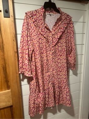 Pink Patterned Ruffle-Trim Women’s Dress